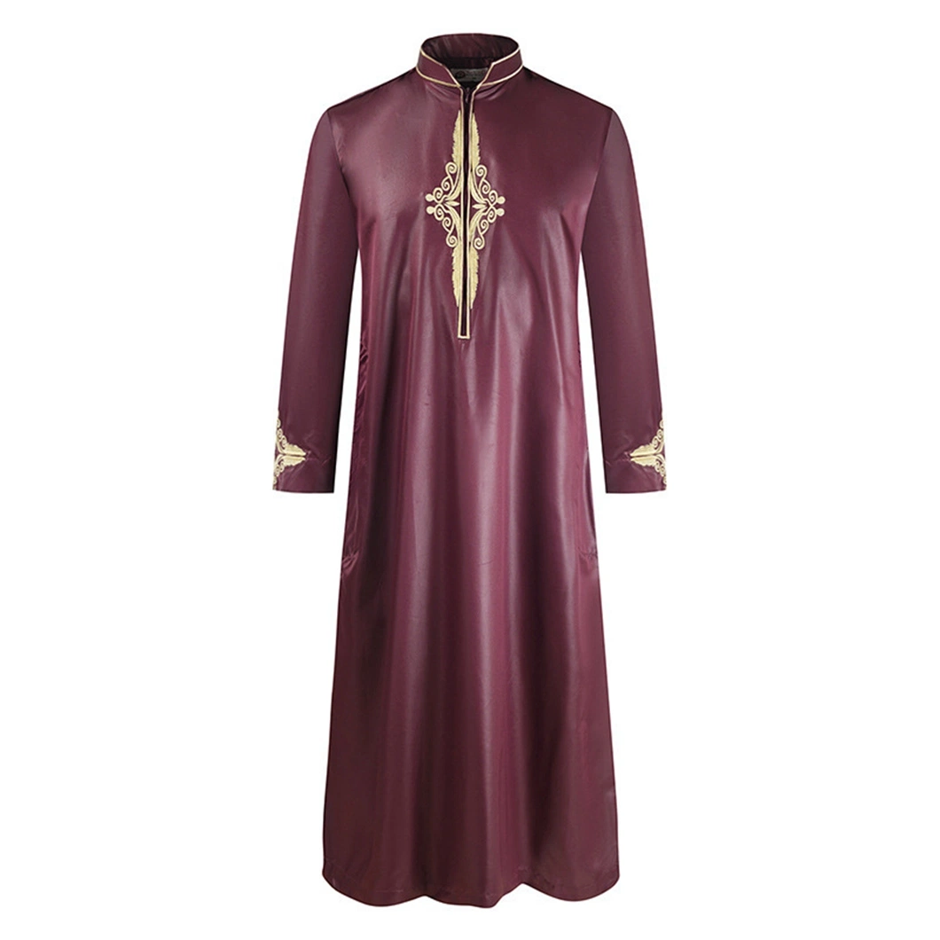 East Stand Collar Casual Muslim Embroidered Satin Long Sleeve Ramadan Arabian Islamic Clothing Men′s Clothes