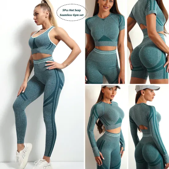 Señoras al por mayor 5PCS Hot Fashion Ropa De Yoga Ropa de entrenamiento para mujeres, sujetador sin costuras personalizado + Crop Top + Scrunch Gym Shorts + Leggings Fitness Apparel