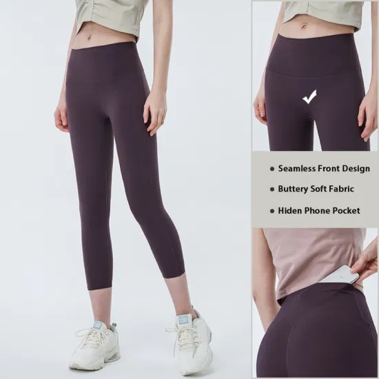 Color sólido que adelgaza Diseño frontal sin costuras Cintura alta Capris ligeros ultra suaves Pantalones de yoga con cintura ancha y bolsillo oculto