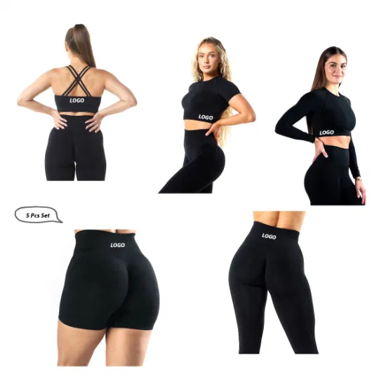 Venta caliente 5PCS Set Sports Fitness sudaderas ropa de gimnasia de compresión sin costuras para mujeres, logotipo personalizado Gym Top + pantalones cortos de yoga + polainas de entrenamiento Ropa activa